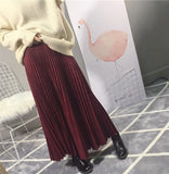 Women Suede Autumn High Waist Long Pleated Vintage Midi Skirt