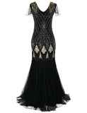Plus Size Evening Dress Black Golden Sequins Beaded Formal Long Evening Party Dress