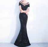 Elegant Backless Evening Dress Simple Black Sequin Dress Short Sleeve Dress