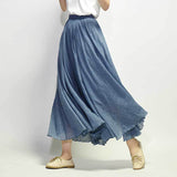 Women Linen Cotton Long Elastic Waist Maxi Beach Boho Casual Lady Vintage Pleated Skirt