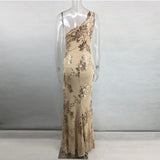 3 Color Embroidery Sequin One Shoulder Long Chic Maxi High Split Nightclub Party Dress