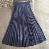Women Suede Autumn High Waist Long Pleated Vintage Midi Skirt