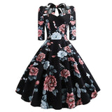 Black Elegant Bow Tie Floral Sweetheart Rockabilly Party Three Quarter Sleeve Autumn Backless Vintage Dress