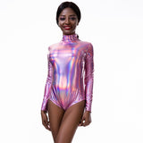 Adult Shiny Metallic Mock Turtleneck Dance One Piece Leotard Women Long Sleeve Liquid Holographic Bodysuits Unitard Clubwear