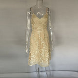 Gold Floral Lace Embroidery Swing Pattern Spaghetti Strap V-Neck Sleeveless Casual Midi Dress Sundress