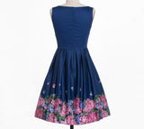 Vintage Floral Print Retro Pleated Rockabilly Dress O-Neck Summer Ladies Navy Cotton Dress