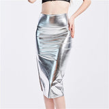 High Split Skinny Bling Laser Holographic Midi Night Party Club Pu Patchwork Skirt