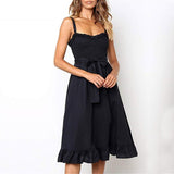 Elegant Ruffle Pleated Cotton Ruched High Waist Women Spaghetti Strap Midi Dress