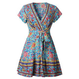 Bohemian Floral Women Ruffle Bandage Mini Dress Elegant Holiday Beach Sundress