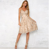 Gold Floral Lace Embroidery Swing Pattern Spaghetti Strap V-Neck Sleeveless Casual Midi Dress Sundress