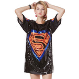 Black Hip Hop Oversized Loose Sequin Dress Short Sleeve Casual Round Collar Dancewear Paillette Printed Shirt Dress