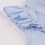 Vintage Blue Ruffle Sleeve Striped Summer Shirt Casual Turn-down Collar A Line Office Lady Dress