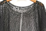 Vintage 1920s Beaded Shawl Paisley Striped Art Deco Black Cape Bolero Flapper Cover Up Sheer See-Through Mesh Scraf