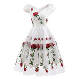 Rose Flower Embroidery V neck Pleated Mesh Overlay Floral White Dress