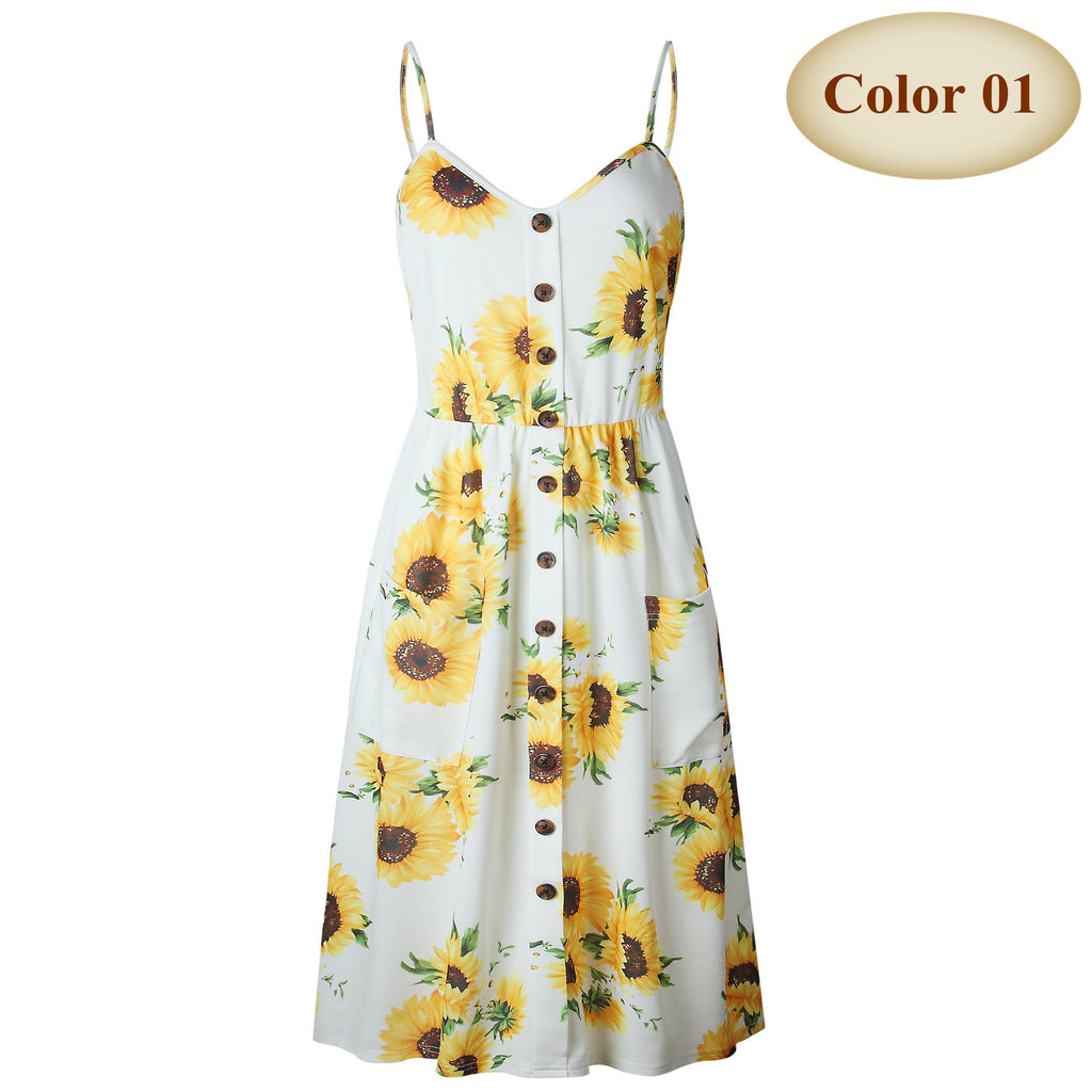 V Neck Backless Floral Women White Boho Striped Button Sunflower Daisy Pineapple Midi Dress