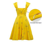 Vintage Print Yellow Casual Summer Cap Sleeve Cute Square Collar Backless Elegant Skater Dress