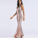 Shining Gold Sequin Maxi V-neck Chic Evening Party Mermaid Elegant Sleeveless Sequins Dress