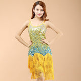 Women Bling Latin Dance Dress Sexy Rainbow Color Club Slip Gradual Sequin Fringe Dress With Tassel Vestido Robe Paillettes