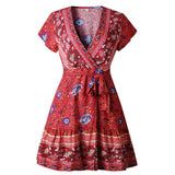 Bohemian Floral Women Ruffle Bandage Mini Dress Elegant Holiday Beach Sundress