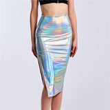 High Split Skinny Bling Laser Holographic Midi Night Party Club Pu Patchwork Skirt