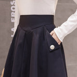 High Waist A Line Big Swing Midi Skirt Korean Pockets Office Lady Elegant Women Skirt