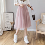 Midi Pleated Black Pink Tulle Skirt Women Spring Summer Korean Elastic High Waist Mesh Skirt