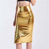 High Split Skinny Bling Laser Holographic Midi Night Party Club Pu Patchwork Skirt