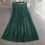Women Suede Autumn High Waist Long Pleated Vintage Midi Skirt