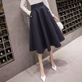 High Waist A Line Big Swing Midi Skirt Korean Pockets Office Lady Elegant Women Skirt