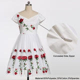 Rose Flower Embroidery V neck Pleated Mesh Overlay Floral White Dress