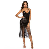 Sexy Halter Plunge Backless Bodycon Sequin Midi Dress Roaring 1920s Flapper Great Gatsby Party Fringe Dress Costume