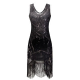 Women Party Dress Robe Charleston 1920s Great Gatsby Flapper Sequin Fringe Midi Vestido Summer Retro Black Dress