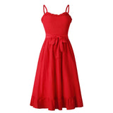 Elegant Ruffle Pleated Cotton Ruched High Waist Women Spaghetti Strap Midi Dress