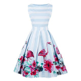 Flower and Flamingo Vintage Dress Women Floral Striped Elegant Pleated Rockabilly Dress