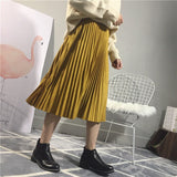 Women Suede Autumn High Waist Long Pleated Vintage Midi Skirt