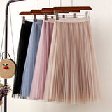 Midi Pleated Black Pink Tulle Skirt Women Spring Summer Korean Elastic High Waist Mesh Skirt