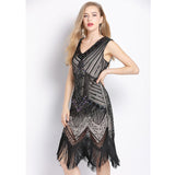 Women 1920s Vintage Art Deco Sequin Double V-Neck Tassels Bodycon Beaded Party Dress