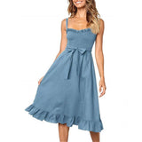 Elegant Ruffle Pleated Cotton Ruched High Waist Women Spaghetti Strap Midi Dress