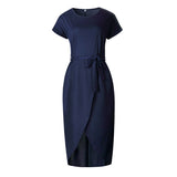 6 Color Casual Round Neck Sashes Wrap Short Sleeve Belt Irregular Vintage Midi Dress