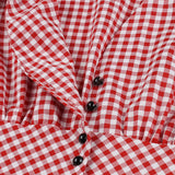 Retro High Waist Red Plaid Single Breasted Tunic Pleated Women V-Neck Half Sleeve Vintage Gingham Print Dress