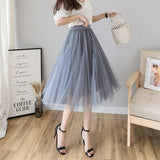 Midi Pleated Black Pink Tulle Skirt Women Spring Summer Korean Elastic High Waist Mesh Skirt