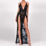 Double Split Sequin Mesh Deep V Strap Mesh Slit Overall Romper Runway Jumpsuit