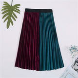 Velvet Pleated Women Casual High Waist Patchwork Pleated A Line Long Skirt