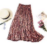 Leopard Print Pleated Midi Long Korean Elegant High Waist A-line Sun Skirt