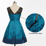 Blue Floral Print Contrast Lace Sweetheart Vintage Backless Party Pleated Rockabilly Summer Dress