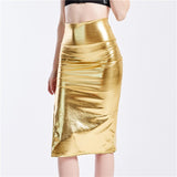 High Split Skinny Bling Laser Holographic Midi Night Party Club Pu Patchwork Skirt