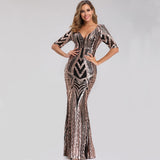 V Neck Sequins Prom Dresses Half Sleeve Black Gold Formal Evening Party Dress