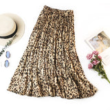 Leopard Print Pleated Midi Long Korean Elegant High Waist A-line Sun Skirt