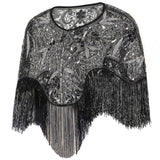 Women 1920s Flapper Embroidery Fringe Shawl Cover Up Gatsby Party Beaded Sequin Cape Vintage Mesh Scraf Wraps for Dresses