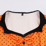 Orange and Black High Waist Vintage 1950s Pin Up Sweetheart Neckline Button Front Polka Dot Midi Dress